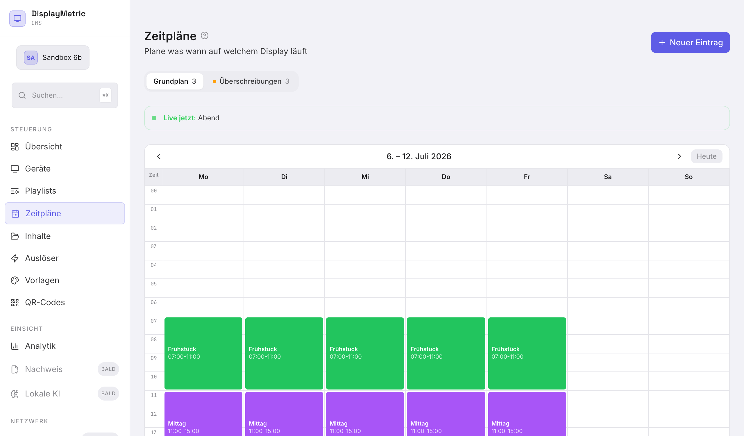 Zeitplan-Ansicht mit Wochenraster — echter Screenshot