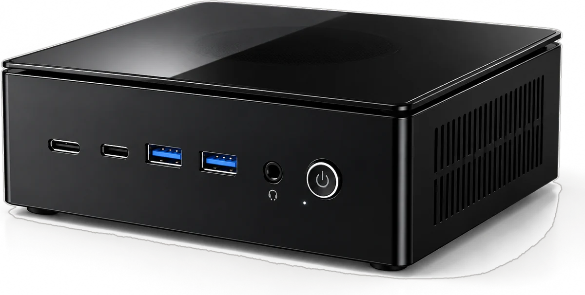 Die DisplayMetric-Box, ein flacher schwarzer Mini-PC