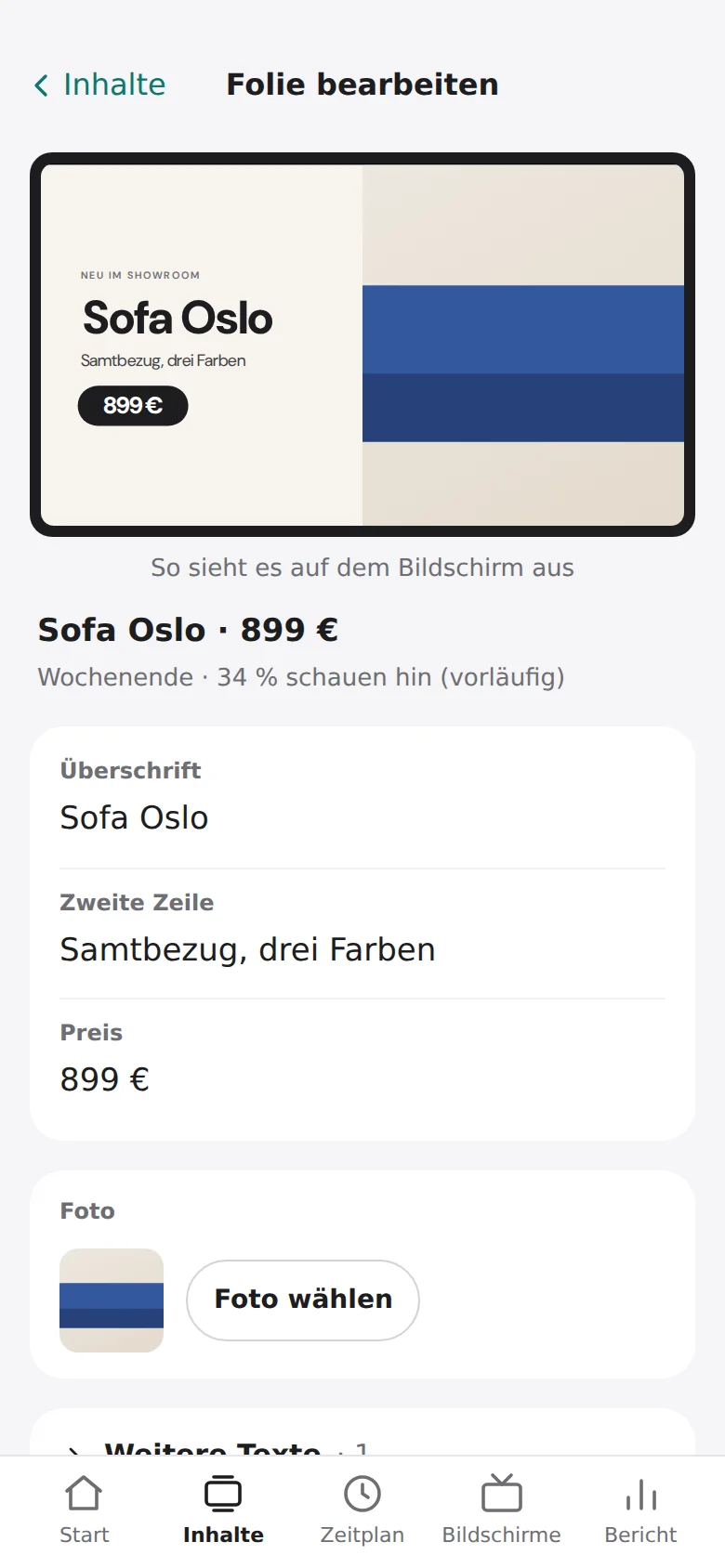 Folie bearbeiten am Handy: Vorschau der Folie Sofa Oslo, darunter die Felder Überschrift, zweite Zeile, Preis 899 Euro und Foto