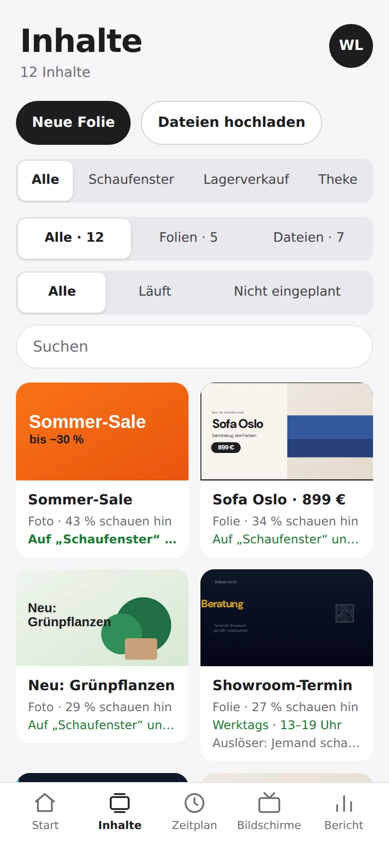 Inhalte im Konto am Handy: fünf Folien auf dem Bildschirm, jede mit „Wann“ und dem Anteil, der hinschaut