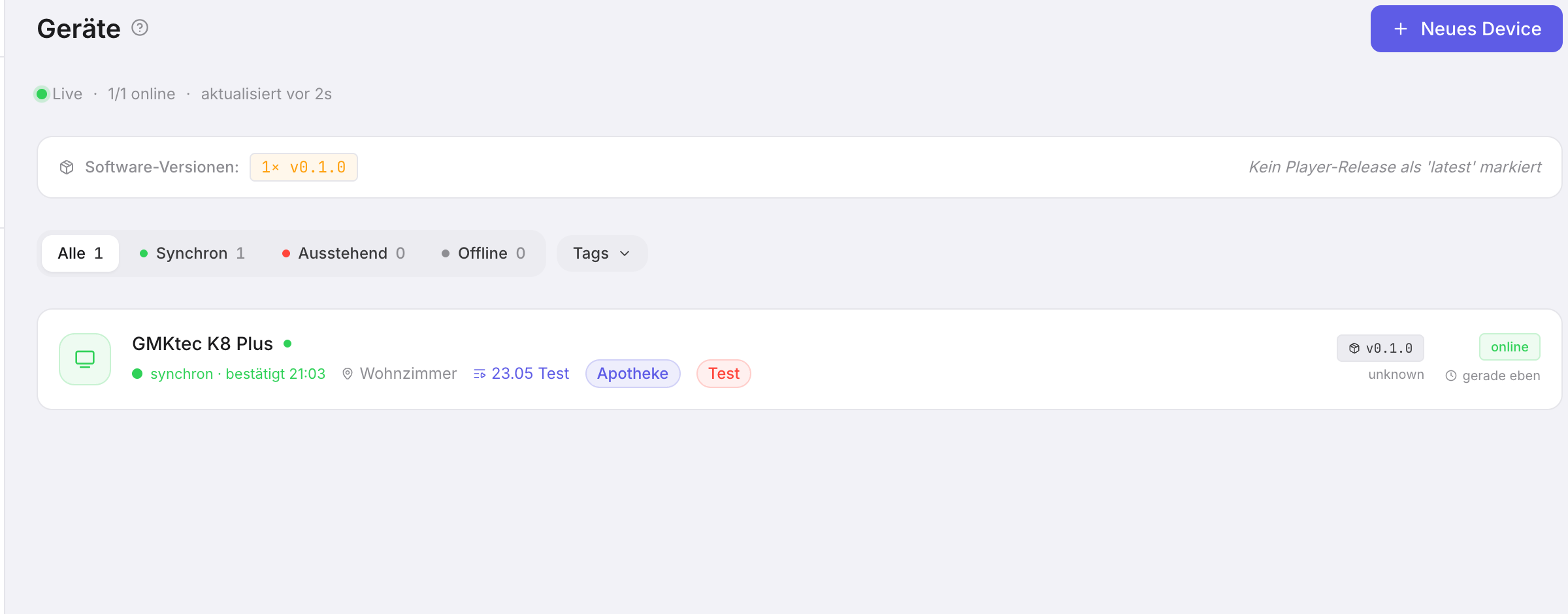 Geräte-Liste mit Sync-Ampel: synchron, bestätigt — echter Screenshot