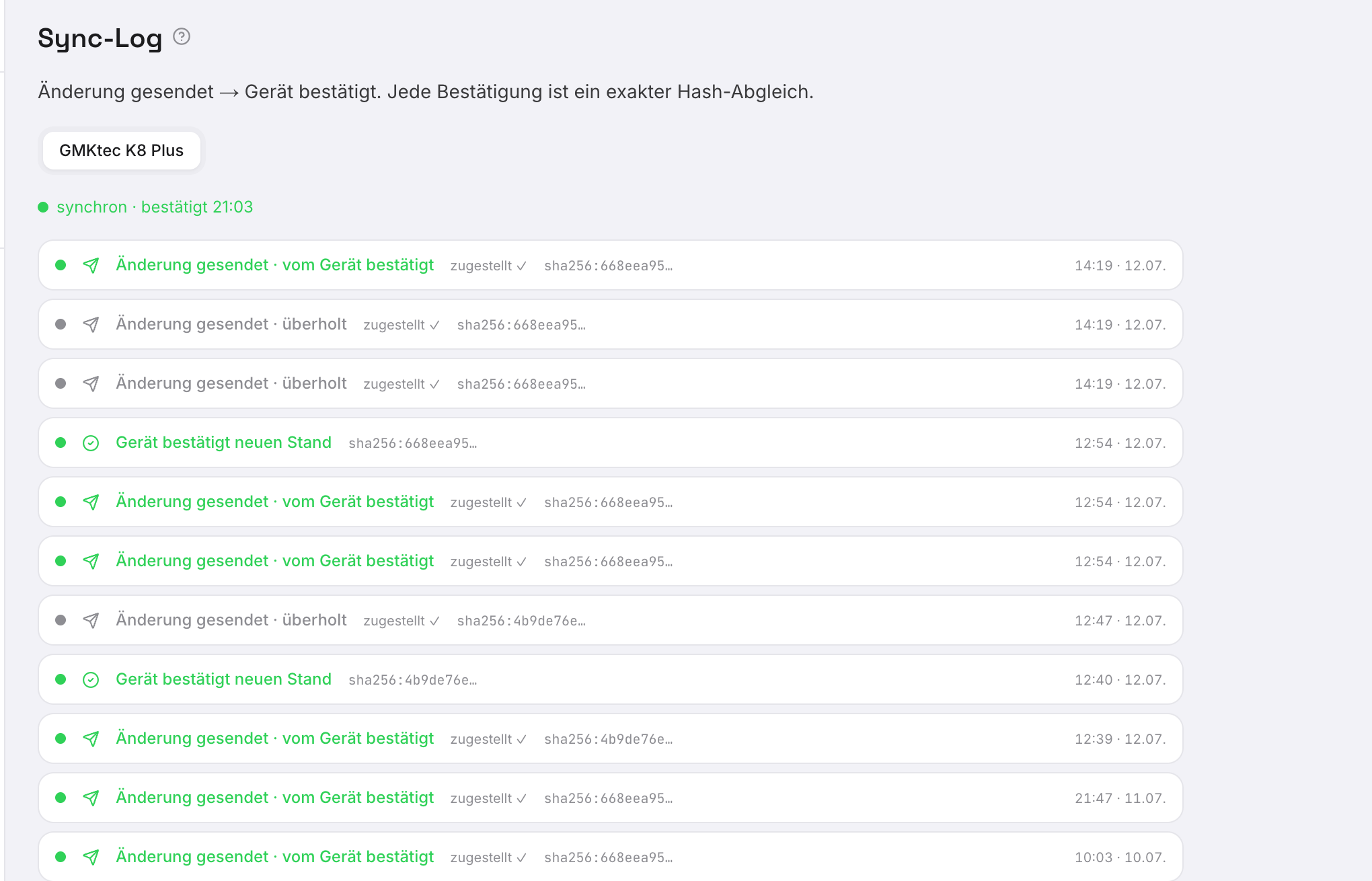 Sync-Log mit sha256-Hashes — echter Screenshot